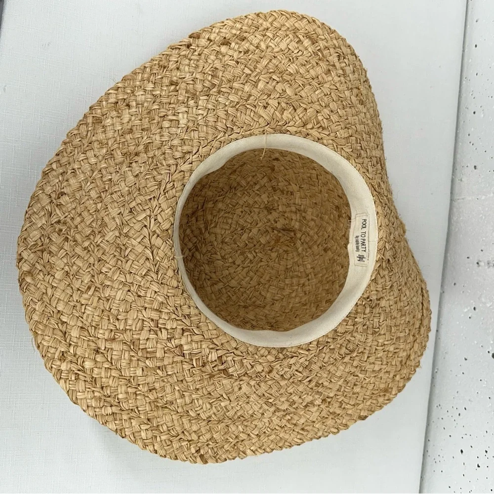 Pool to Party by Subtle Luxury Wide Brim Straw Floppy Sun Hat with Blue Pom Poms